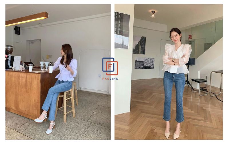 Áo blouse với quần jean cạp cao mang lại sự xinh đẹp và năng động