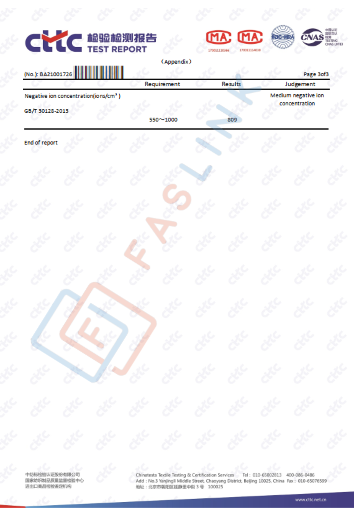 Kết quả Test Report Chinatesta Textile Testing & Certification Service 