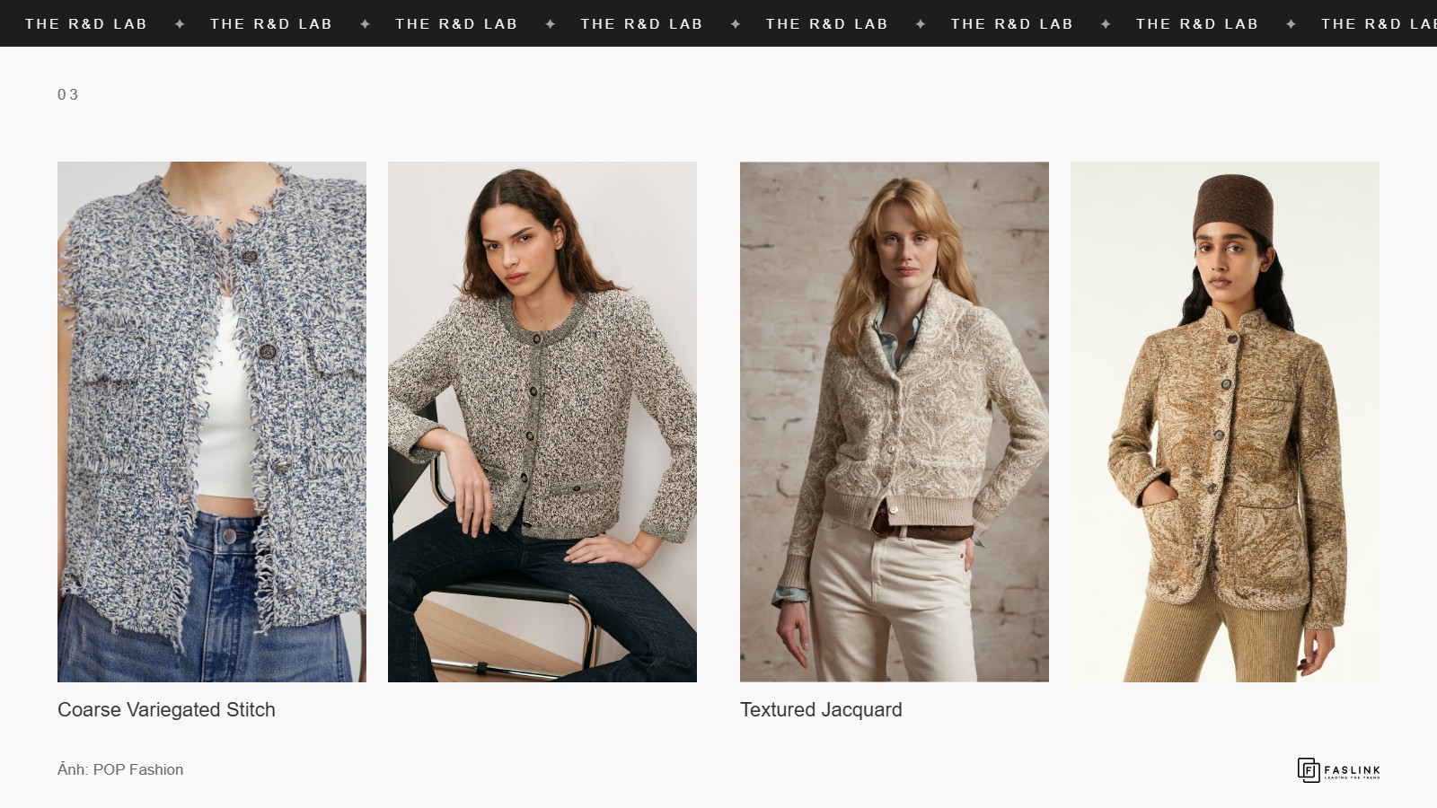 Hai áo dệt kim sợi đốm nhiều màu kiểu tweed, bên cạnh hai áo khoác len jacquard hoa văn nổi tông be và nâu