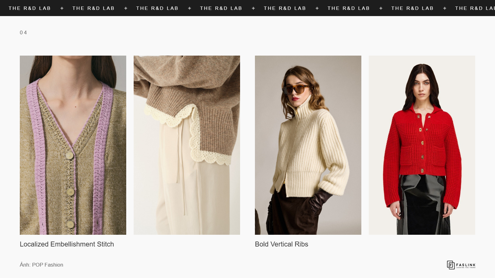 Cận cảnh viền cardigan và gấu áo len có mũi đan trang trí cục bộ, bên cạnh áo len gân dọc bản to màu kem và cardigan đỏ